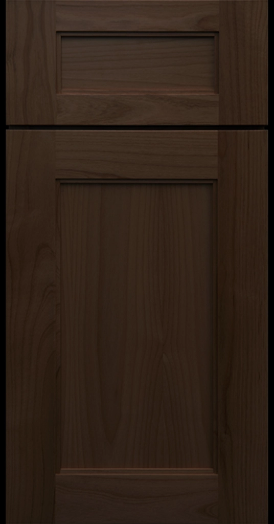 Denver Brownie cabinet with dark semi-gloss finish, wide stiles, and inside molding.
