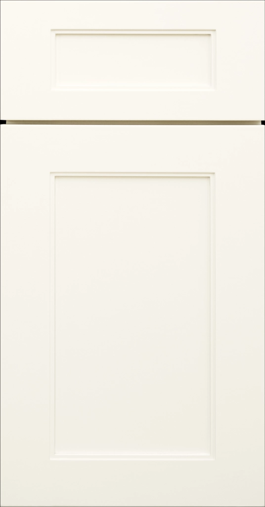 Denver Vanilla matte Shaker cabinets with mitered inside edging detail.
