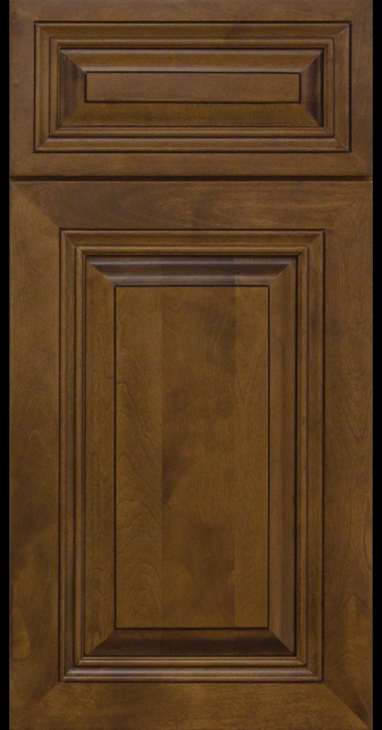 Cambria Saddle Dark Stained Traditional raised panel Cabinet Door using Detailed Molding for Intriguing Depth.